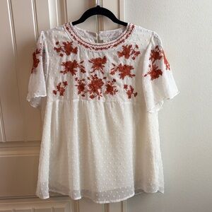 Polagram White Blouse with burnt orange Floral Embroidery- great texas longhorn